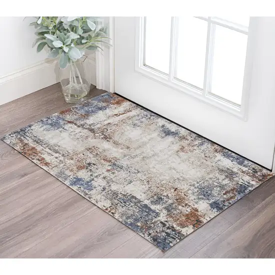 Blue Gray and Brown Abstract Power Loom Worn Faded Area Rug Photo 1