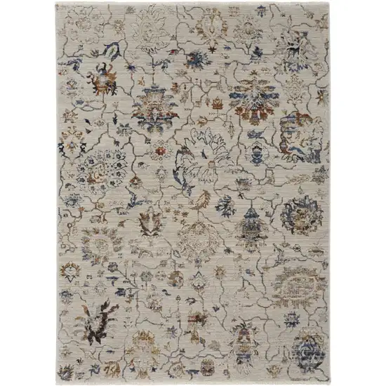 Blue Gray and Brown Floral Power Loom Worn Faded Area Rug With Fringe Photo 2