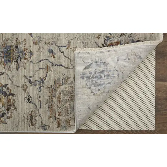 Blue Gray and Brown Floral Power Loom Worn Faded Area Rug With Fringe Photo 6