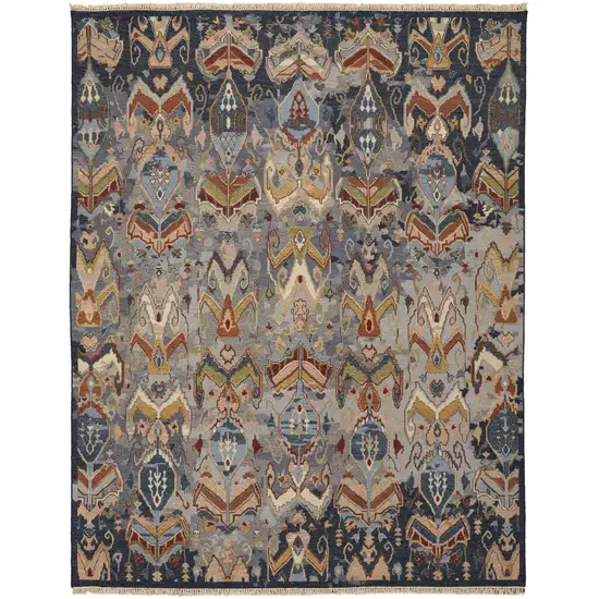 Blue Gray and Brown Wool Ikat Hand Knotted Area Rug With Fringe Photo 2