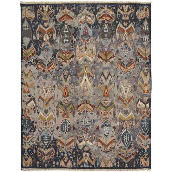 Blue Gray and Brown Wool Ikat Hand Knotted Area Rug With Fringe Photo 5