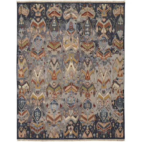 Blue Gray and Brown Wool Ikat Hand Knotted Area Rug With Fringe Photo 2