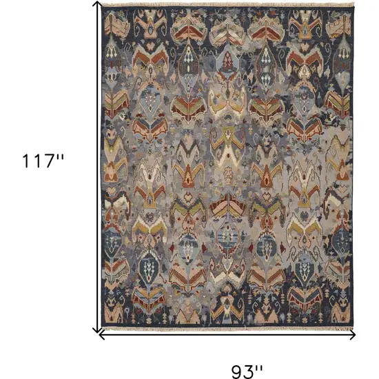 Blue Gray and Brown Wool Ikat Hand Knotted Area Rug With Fringe Photo 3