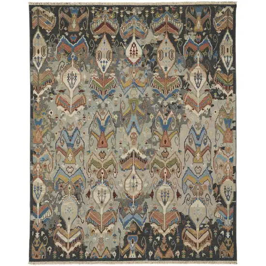 Blue Gray and Brown Wool Ikat Hand Knotted Area Rug With Fringe Photo 4