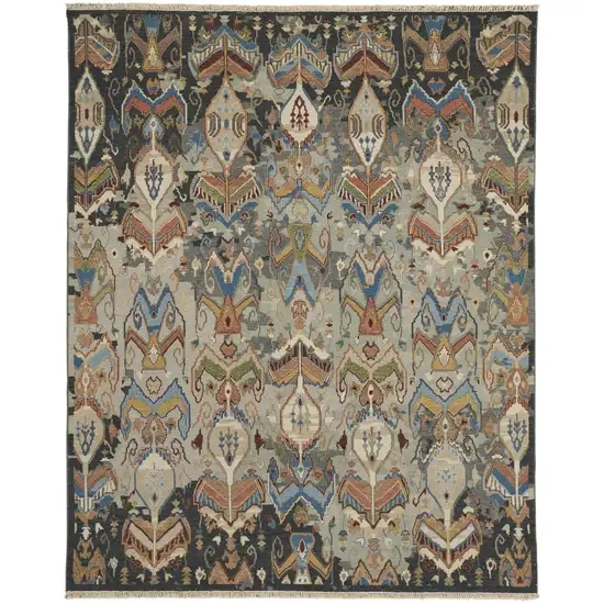 Blue Gray and Brown Wool Ikat Hand Knotted Area Rug With Fringe Photo 5