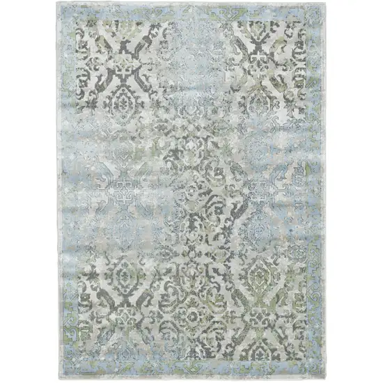 Blue Gray and Green Floral Power Loom Worn Faded Area Rug Photo 2