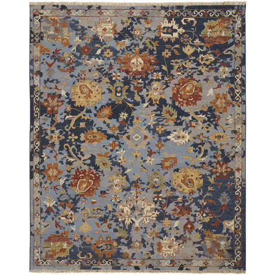 Blue Gray and Red Wool Floral Hand Knotted Area Rug With Fringe Photo 2