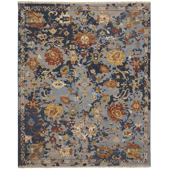 Blue Gray and Red Wool Floral Hand Knotted Area Rug With Fringe Photo 6