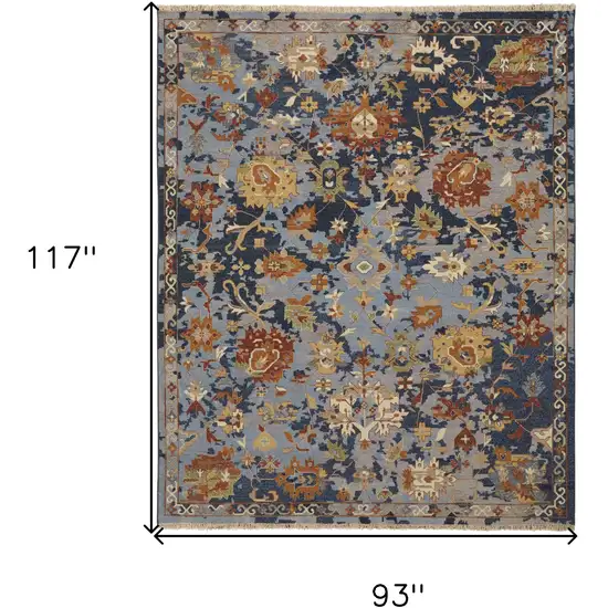 Blue Gray and Red Wool Floral Hand Knotted Area Rug With Fringe Photo 3