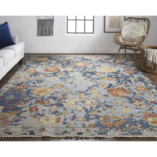 Blue Gray and Red Wool Floral Hand Knotted Area Rug With Fringe Photo 9