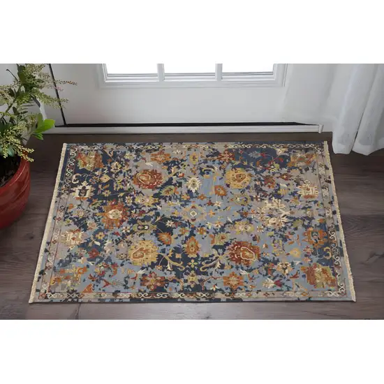 Blue Gray and Red Wool Floral Hand Knotted Area Rug With Fringe Photo 1