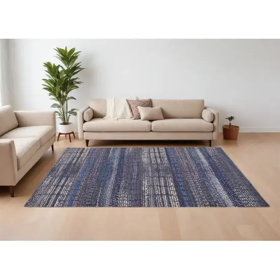 Blue Gray and Tan Striped Power Loom Worn Faded Washable Area Rug Photo 1