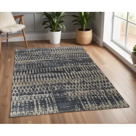 Blue Gray and Tan Wool Abstract Hand Knotted Area Rug Photo 1