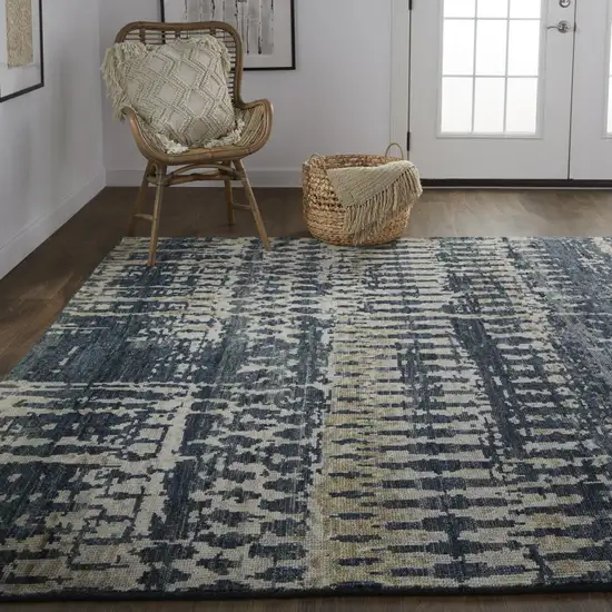 Blue Gray and Tan Wool Abstract Hand Knotted Area Rug Photo 8