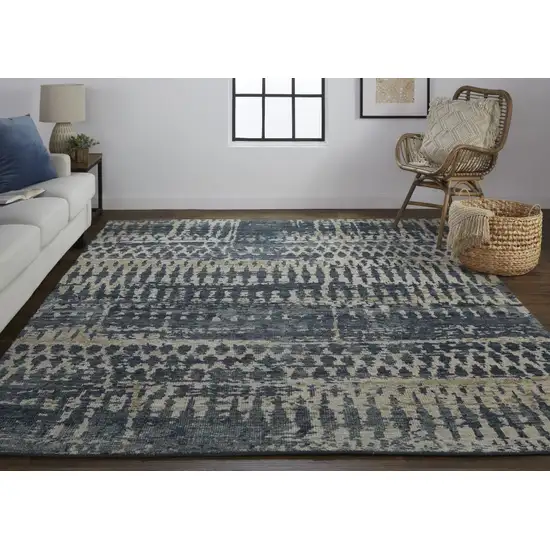 Blue Gray and Tan Wool Abstract Hand Knotted Area Rug Photo 7