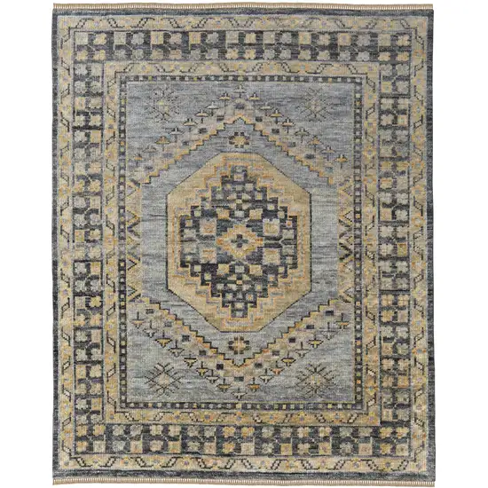 Blue Gray and Tan Wool Oriental Hand Knotted Area Rug With Fringe Photo 2