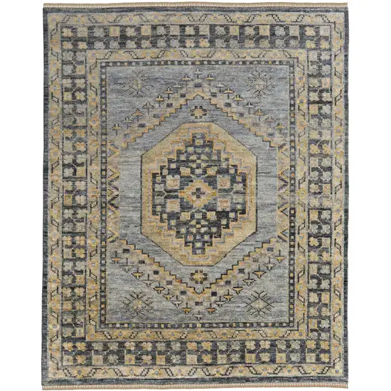 Blue Gray and Tan Wool Oriental Hand Knotted Area Rug With Fringe Photo 2