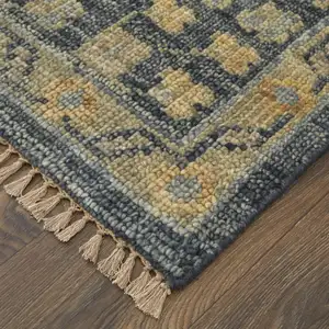 Photo of Blue Gray and Tan Wool Oriental Hand Knotted Area Rug With Fringe