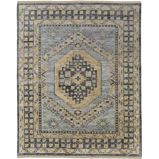 Blue Gray and Tan Wool Oriental Hand Knotted Area Rug With Fringe Photo 5