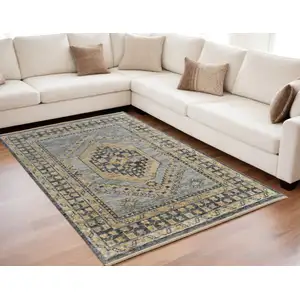 Photo of Blue Gray and Tan Wool Oriental Hand Knotted Area Rug With Fringe