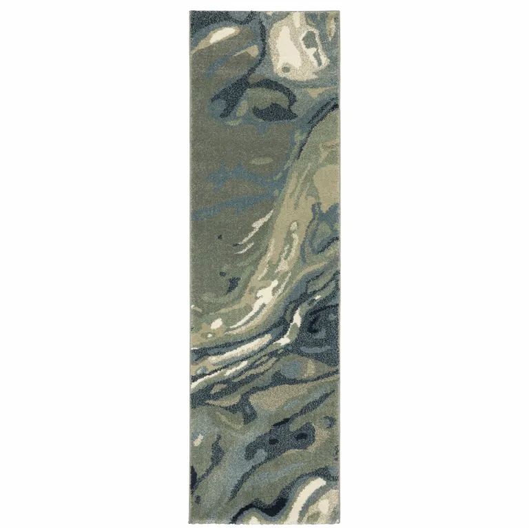 Blue Green And Grey Abstract Power Loom Stain Resistant Runner Rug Photo 1