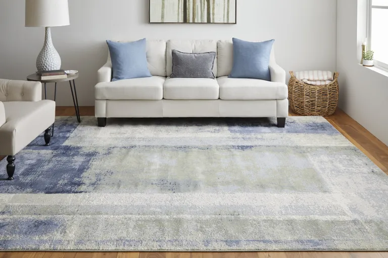 Blue Green And Ivory Abstract Power Loom Distressed Area Rug Photo 5