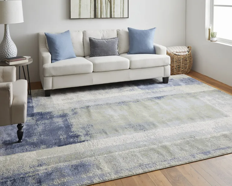 Blue Green And Ivory Abstract Power Loom Distressed Area Rug Photo 4