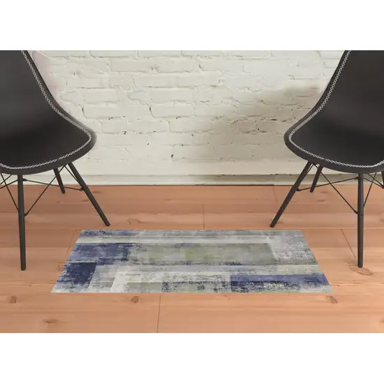 Blue Green And Ivory Abstract Power Loom Distressed Area Rug Photo 2