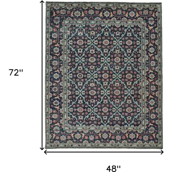 Blue and Green Wool Floral Hand Knotted Distressed Area Rug With Fringe Photo 3