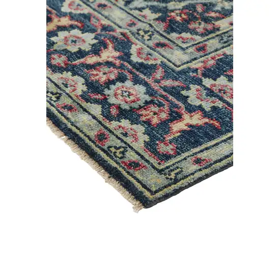 Blue Green And Red Wool Floral Hand Knotted Distressed Stain Resistant Area Rug With Fringe Photo 5