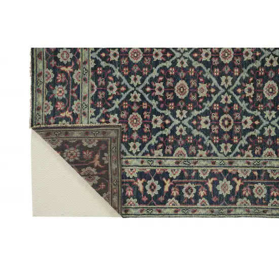 Blue Green And Red Wool Floral Hand Knotted Distressed Stain Resistant Area Rug With Fringe Photo 9