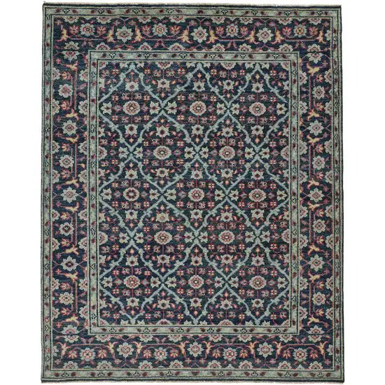 Blue Green And Red Wool Floral Hand Knotted Distressed Stain Resistant Area Rug With Fringe Photo 2