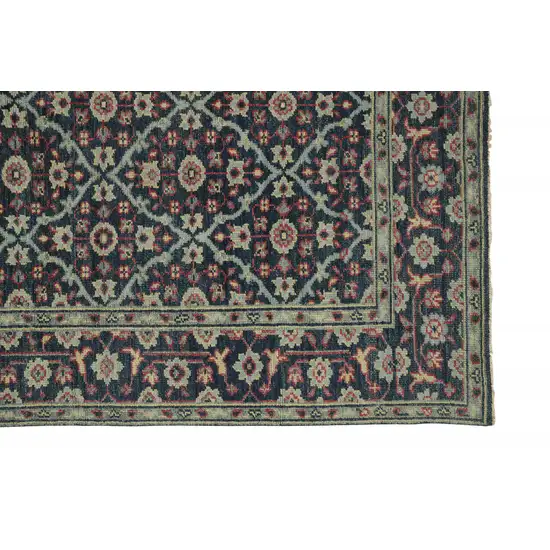 Blue Green And Red Wool Floral Hand Knotted Distressed Stain Resistant Area Rug With Fringe Photo 3