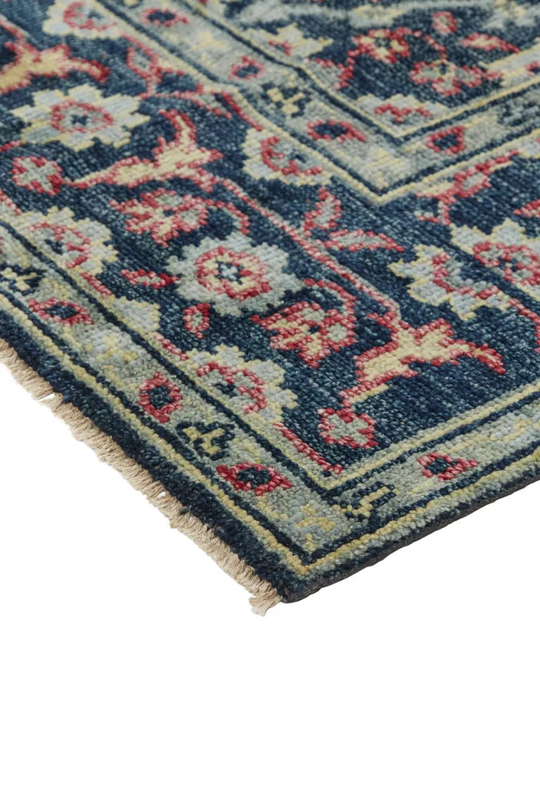 Blue Green And Red Wool Floral Hand Knotted Distressed Stain Resistant Area Rug With Fringe Photo 5