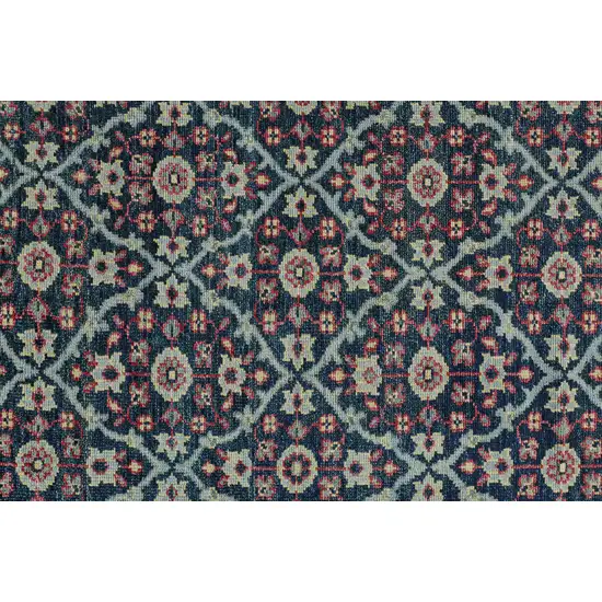 Blue Green And Red Wool Floral Hand Knotted Distressed Stain Resistant Area Rug With Fringe Photo 6
