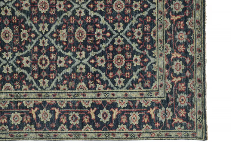 Blue Green And Red Wool Floral Hand Knotted Distressed Stain Resistant Area Rug With Fringe Photo 3