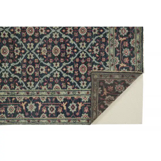 Blue Green And Red Wool Floral Hand Knotted Distressed Stain Resistant Area Rug With Fringe Photo 1