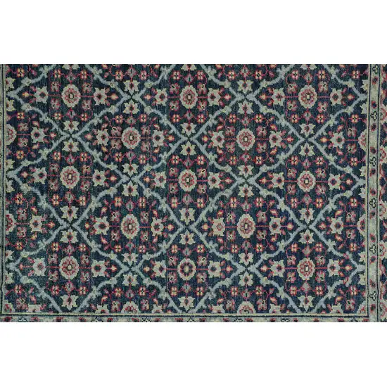 Blue Green And Red Wool Floral Hand Knotted Distressed Stain Resistant Area Rug With Fringe Photo 7