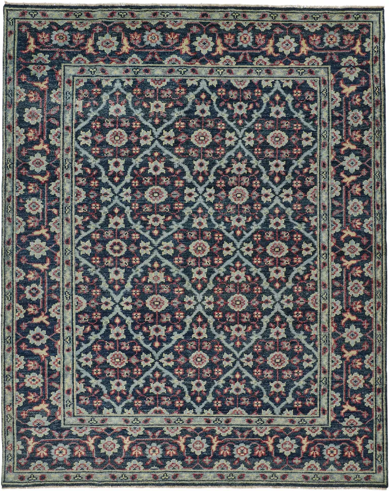 Blue Green And Red Wool Floral Hand Knotted Distressed Stain Resistant Area Rug With Fringe Photo 2