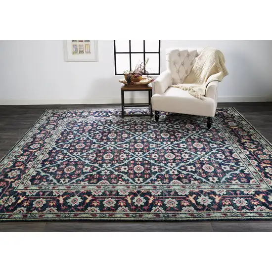 Blue Green And Red Wool Floral Hand Knotted Distressed Stain Resistant Area Rug With Fringe Photo 8
