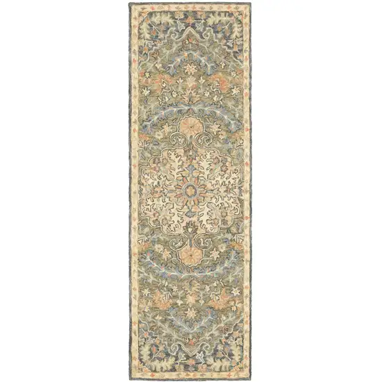 Blue Green Clay And Gold Oriental Tufted Handmade Stain Resistant Runner Rug Photo 1