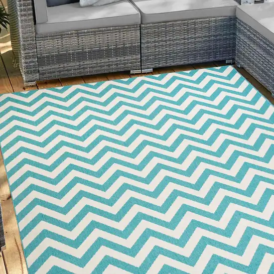 Blue-Green/Cream Chevron Stain Resistant Indoor Outdoor Area Rug Photo 5