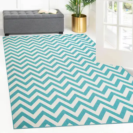 Blue-Green/Cream Chevron Stain Resistant Indoor Outdoor Area Rug Photo 6