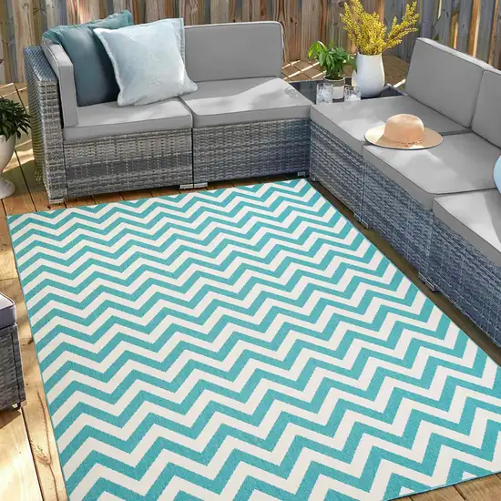 Blue-Green/Cream Chevron Stain Resistant Indoor Outdoor Area Rug Photo 7