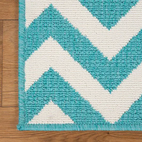 Blue-Green/Cream Chevron Stain Resistant Indoor Outdoor Area Rug Photo 4