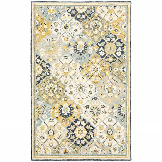 Blue Green Gold Navy And Ivory Geometric Tufted Handmade Stain Resistant Area Rug Photo 1