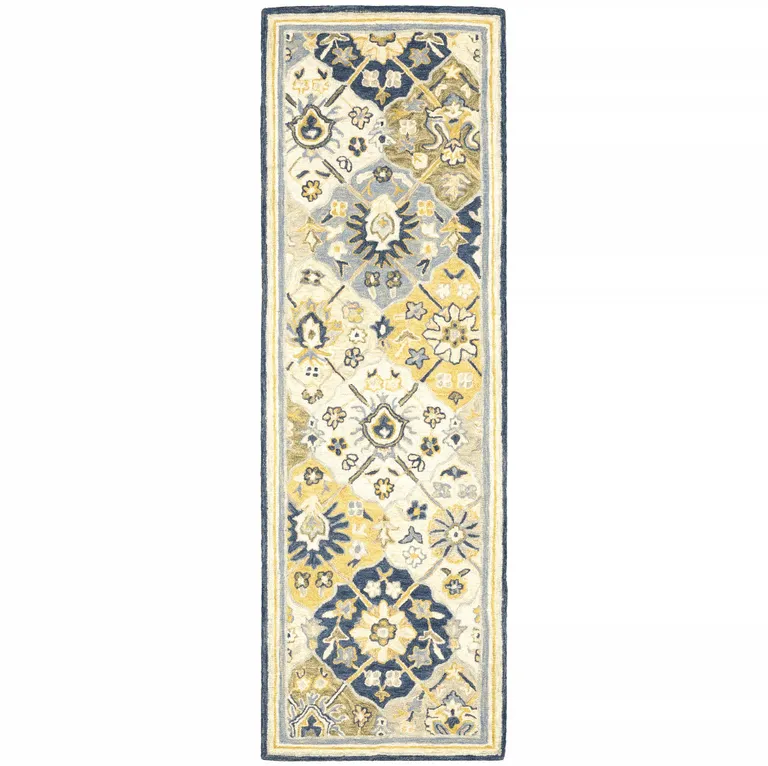 Blue Green Gold Navy And Ivory Geometric Tufted Handmade Stain Resistant Runner Rug Photo 1