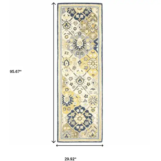 Blue Green Gold Navy And Ivory Geometric Tufted Handmade Stain Resistant Runner Rug Photo 6