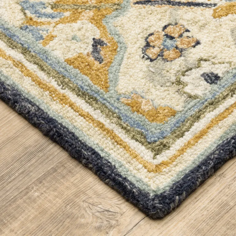 Blue Green Gold Navy And Ivory Geometric Tufted Handmade Stain Resistant Runner Rug Photo 4