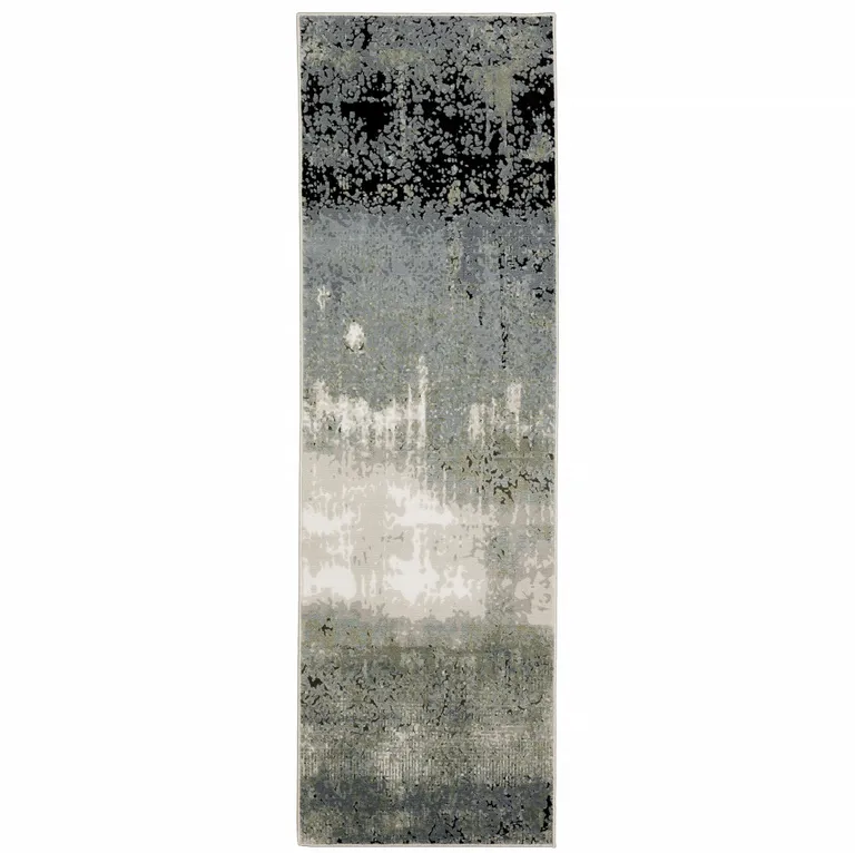 Blue Green Grey And Beige Abstract Power Loom Stain Resistant Runner Rug Photo 1